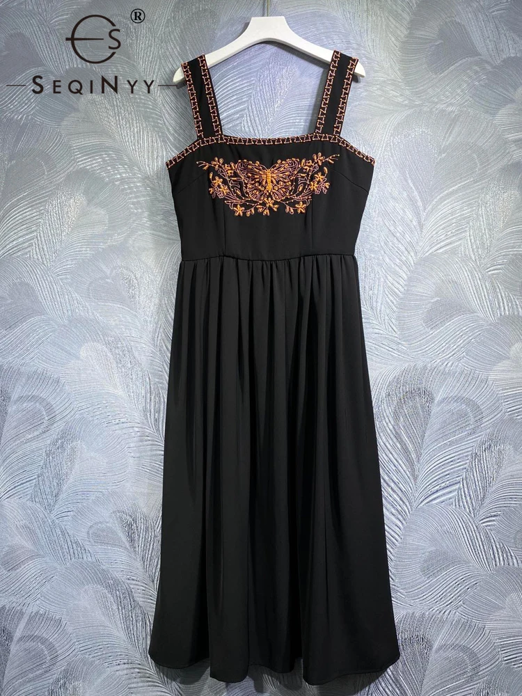 

SEQINYY Black Midi Dress Summer Spring Embroidery Flower Beading Orange High Street Vintage Strapless Elegant Casual For Female