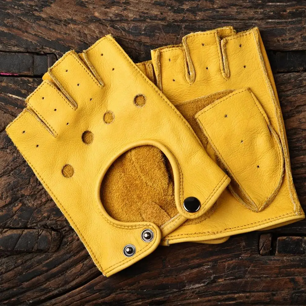 Men's Sheepskin Half Finger Fitness Gloves Black Yellow Wear-resisting Outdoor Riding Motorcycle Tactical Non-slip Cowhide Glove 5