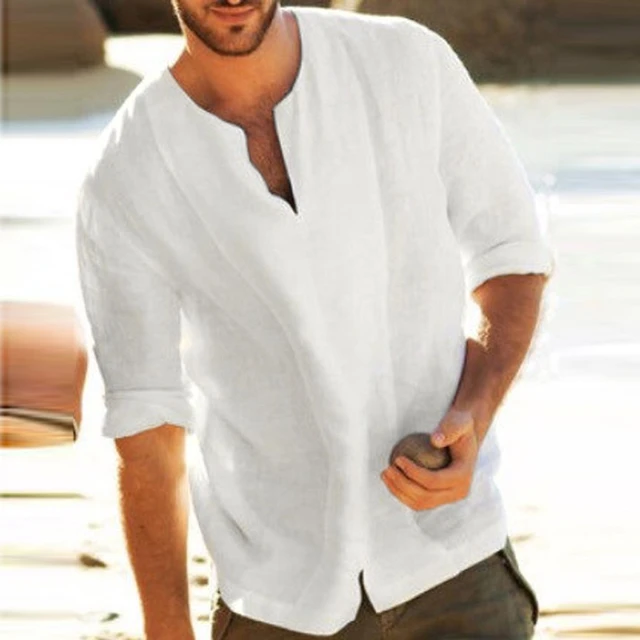 Camisa blanca holgada de playa para hombre, camisas algodón y lino, blusa informal de Color sólido, suelta transpirable de manga corta para verano _ - AliExpress Mobile