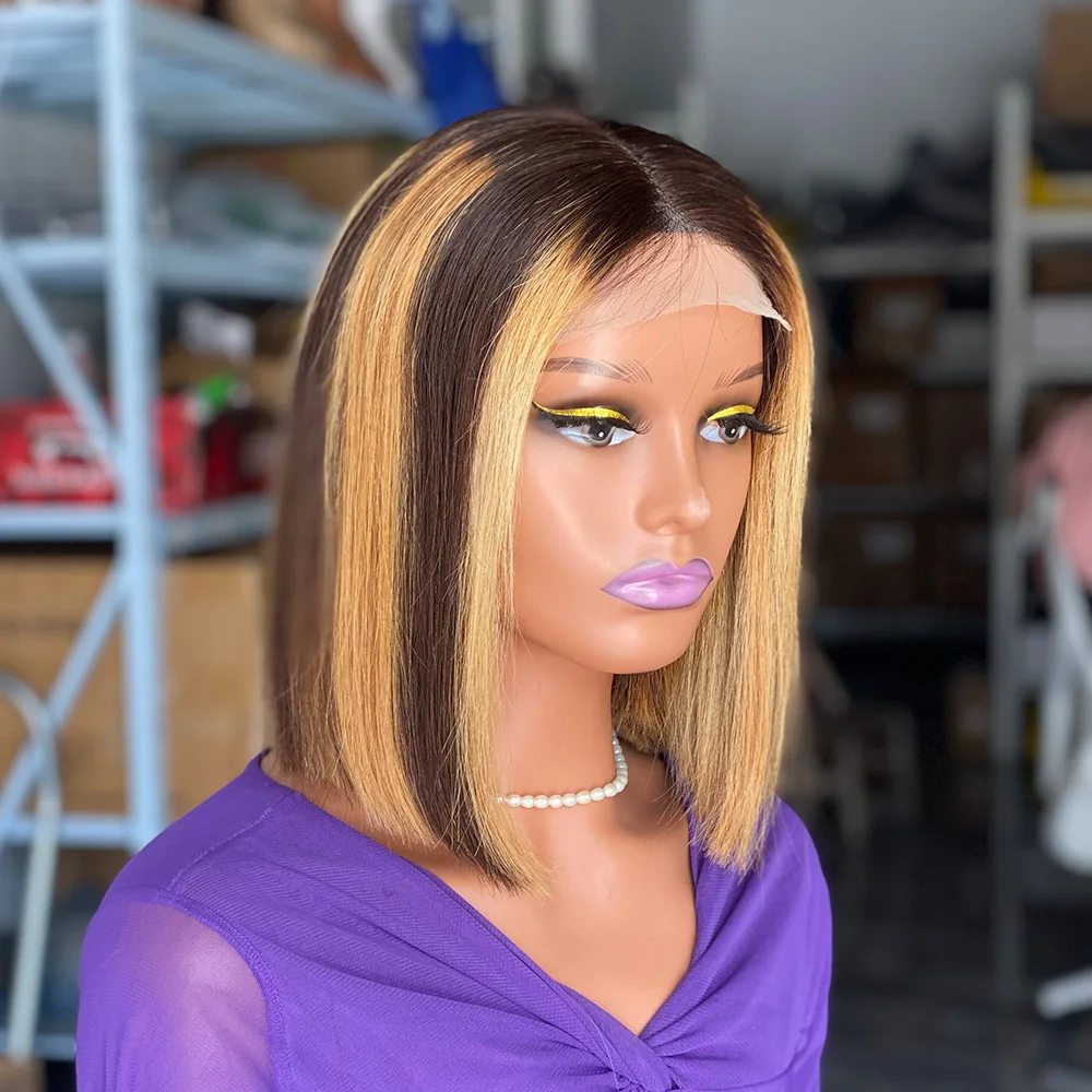 

Highlight Short Bob Wig 13x4 Lace Front Human Hair Wigs Straight Ombre P4/27 Blonde Wig Peruvian Remy Hair 180% Density