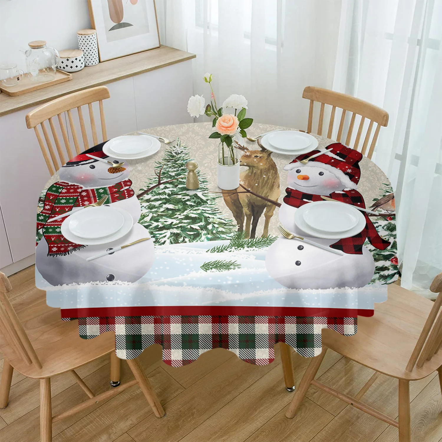 

Christmas Elk Snowman Fir Tree Round Tablecloth Waterproof Wedding Party Table Cover Christmas Dining Table Tablecloth