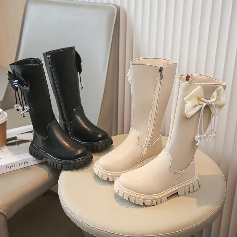 

Knee Length Boots Children Shoe New 2024 Fashion Bowknot Princess High Boots Girls Kids Tassels Soft Leather Long Platform Boots
