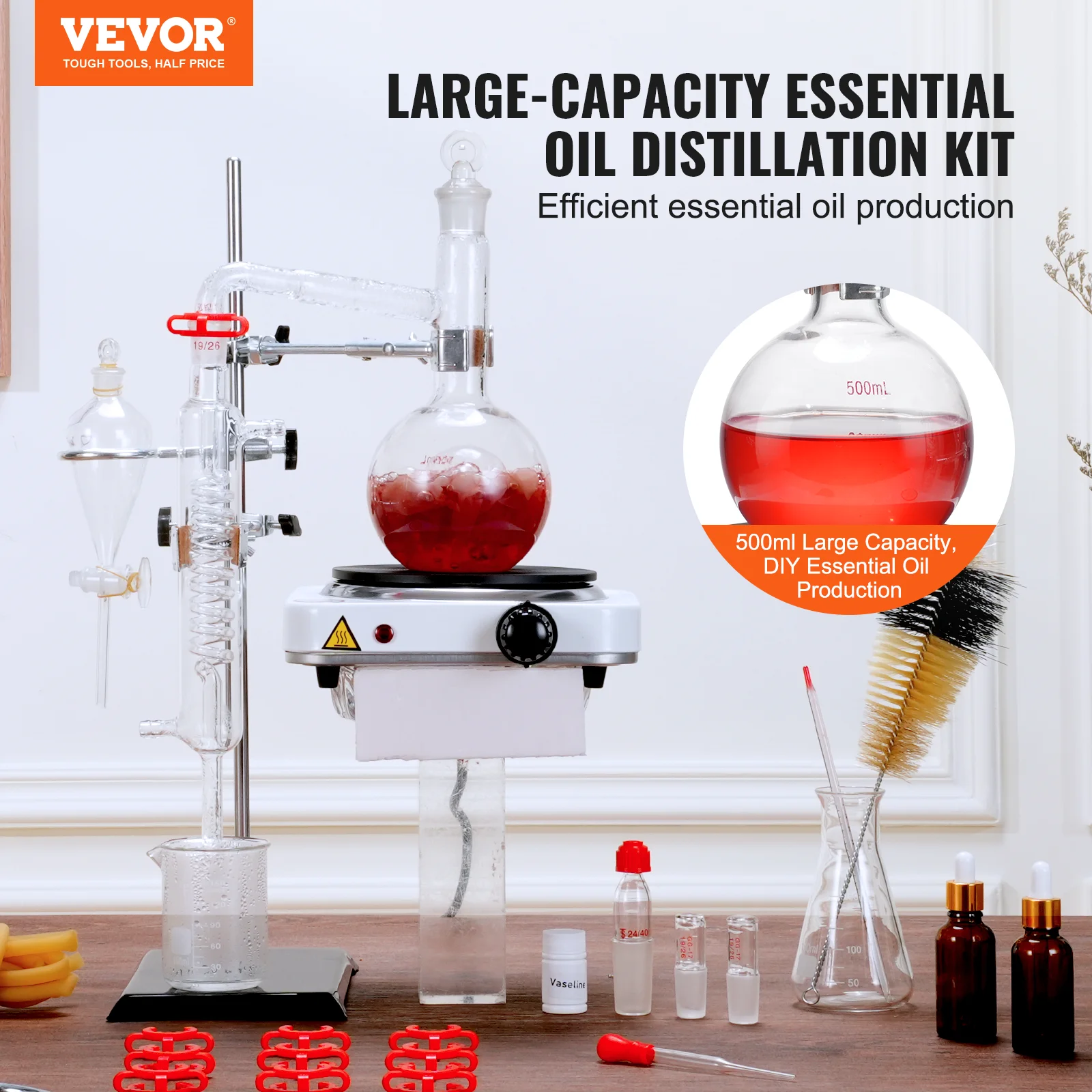 SucceBuy Essential Oil Distillation Kit 500ml/2L Distillation Apparatus 3.3 Boro Lab Glassware with 1KW Heat Plate