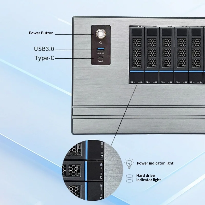 HN8 8베이 핫스왑 NAS 인클로저, 3.5/2.5인치 HDD용 SATA/SAS, MATX/ITX, 4개의 PCIe 및 Type-C 포트, Unraid TrueNAS 스토리지용
