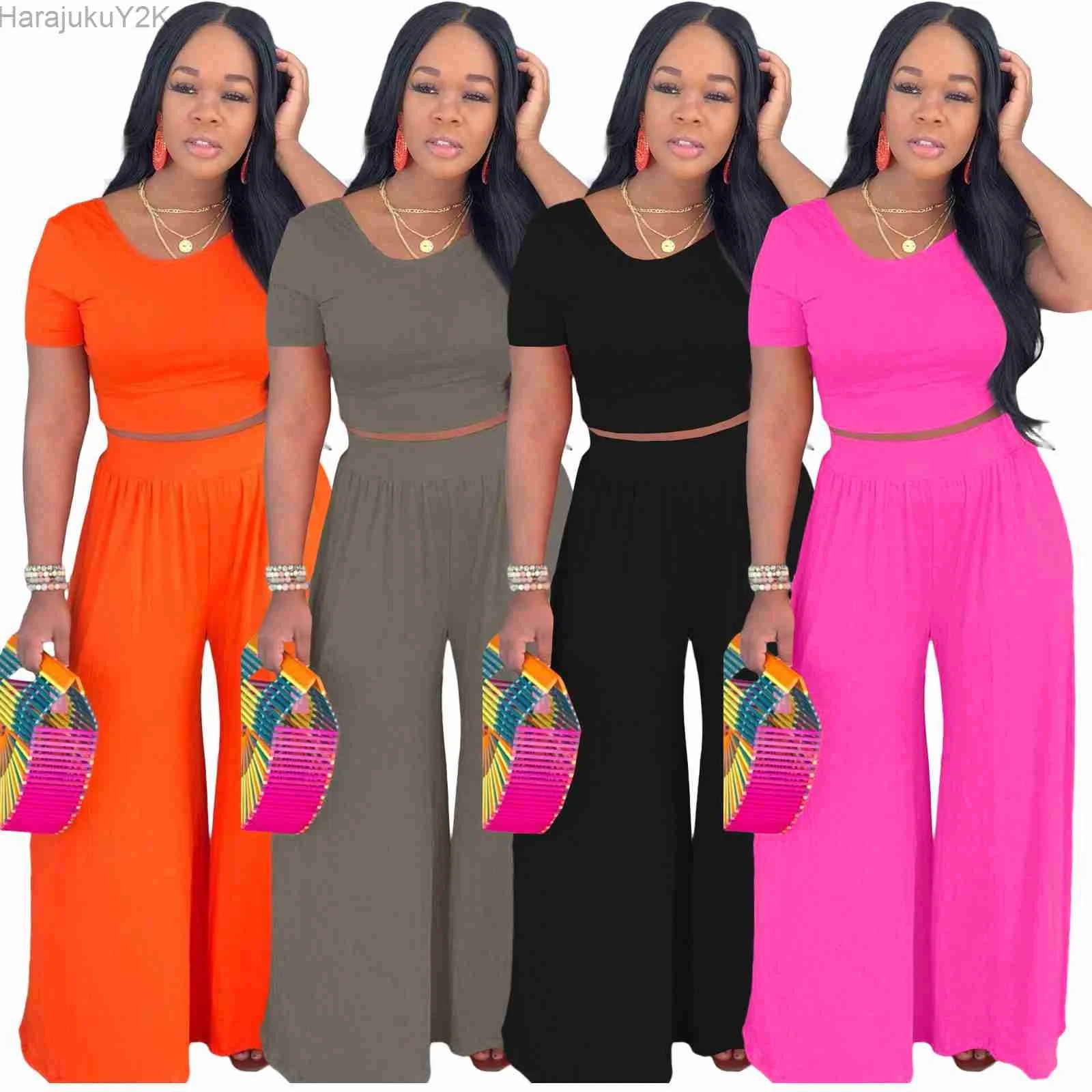 2023 Elastic Waist Breathable Navel Exposed Top Pants Two Piece Set for Traveling Elegant htzmo summer two piece pants set women round neck crop top elastic waist pockets pants matching set fitness tracksuit 2021