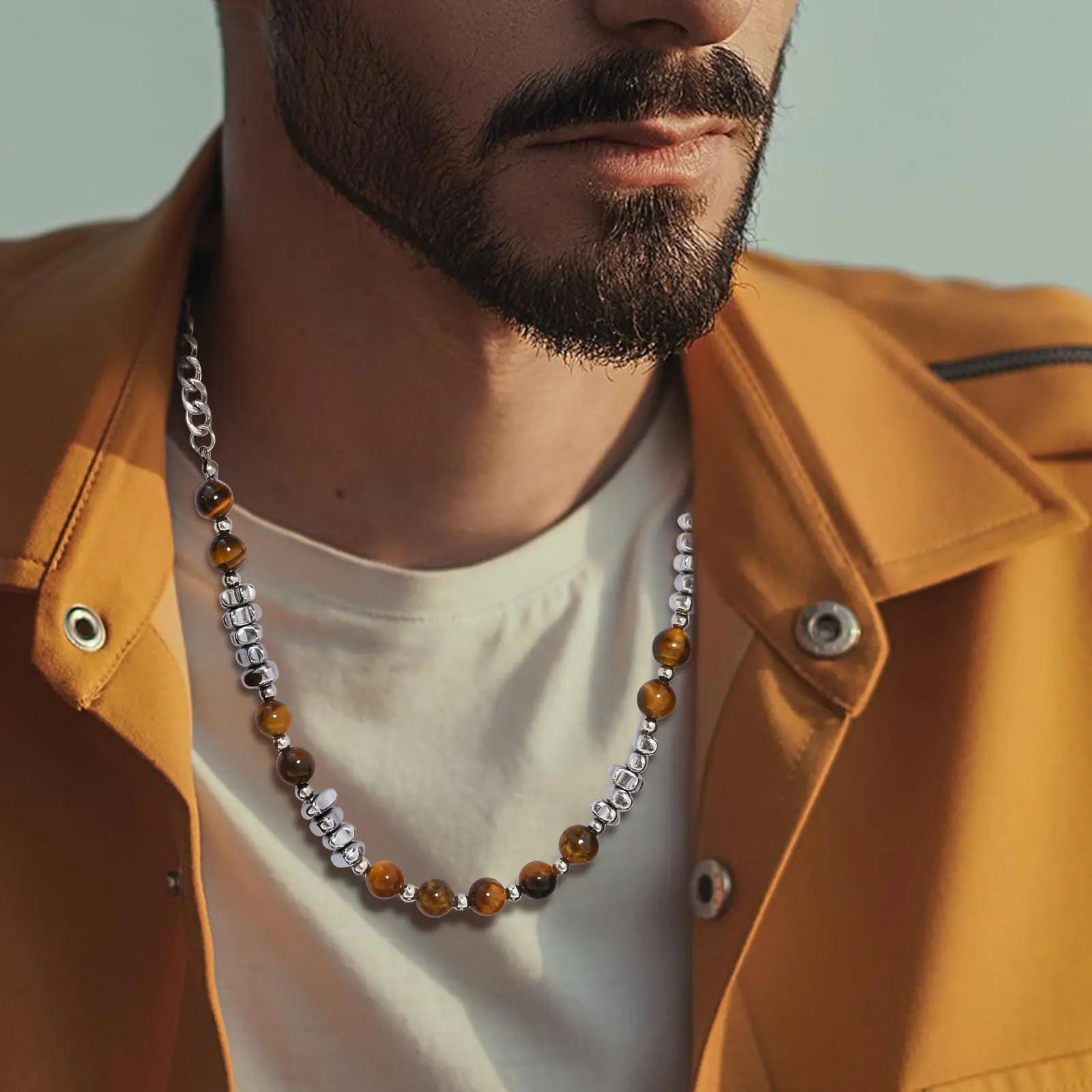 Mprainbow Mens Beaded Necklaces Tiger Eye Stone Irregula Hematite Bead Collar Rock Punk Necklaces