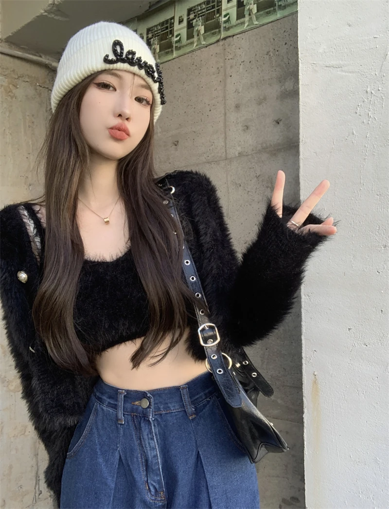 여성용 인조 밍크 헤어 2 피스 가디건 세트, 레이디 따뜻한 퍼지 긴팔, 느슨한 V넥 가디건 + 크롭 카미스, 가을 겨울