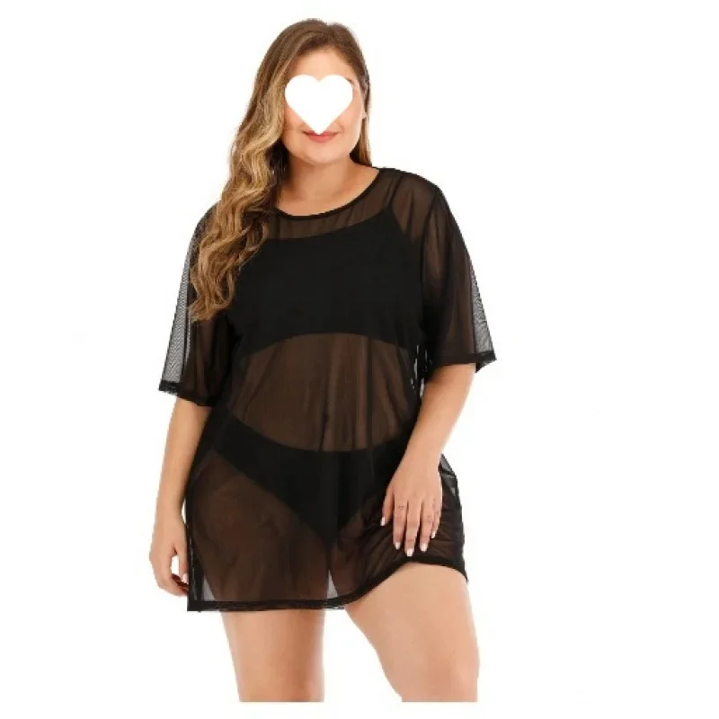 Plus Size Sexy See-through Solid Color Short Sleeve Midi Top plus Size Fashionable Summer New Arrival for Plump Women Optimal...