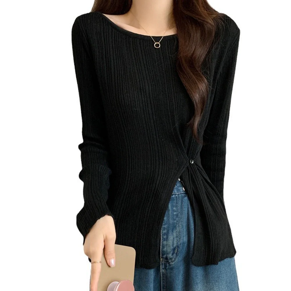 Autumn Winter Knitted Sweater Long Sleeve Solid Color Slim Fit