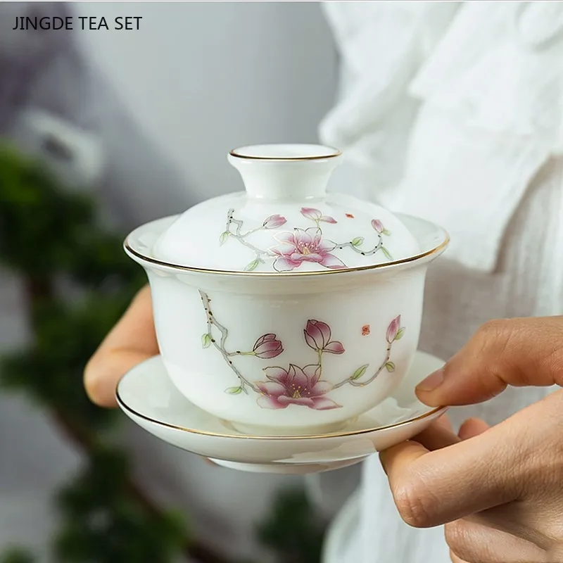 120ml Hand-painted White Porcelain Gaiwan High-quality Mutton Fat Jade Porcelain Teacup Portable Ceramic Teaware Tea Infuser