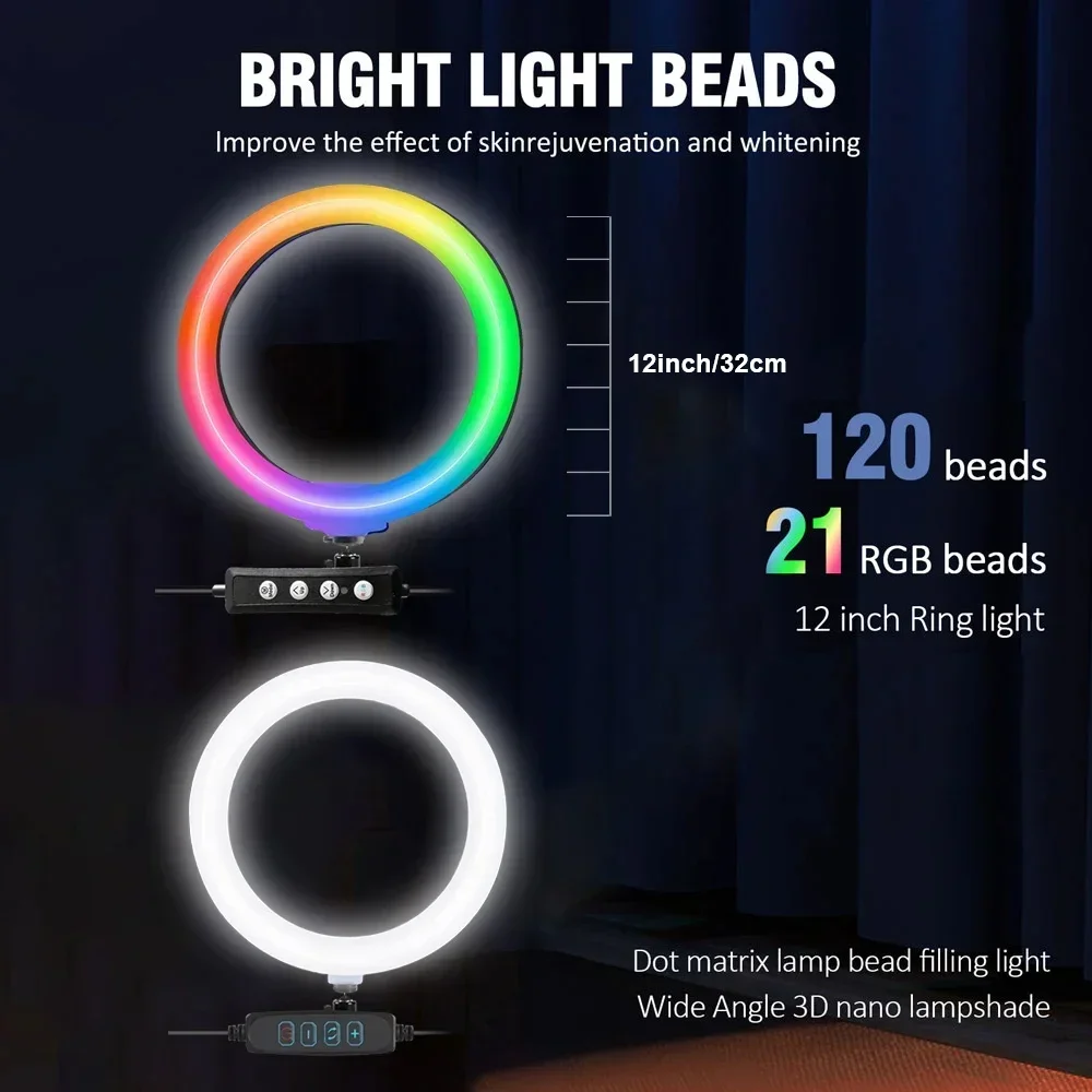 UEGOGO 110cm Phone Tripod with 12''RGB Selfie Ring Light 32cm LED Fill Light Photography Stand Holder For Mobile Phone Youtube