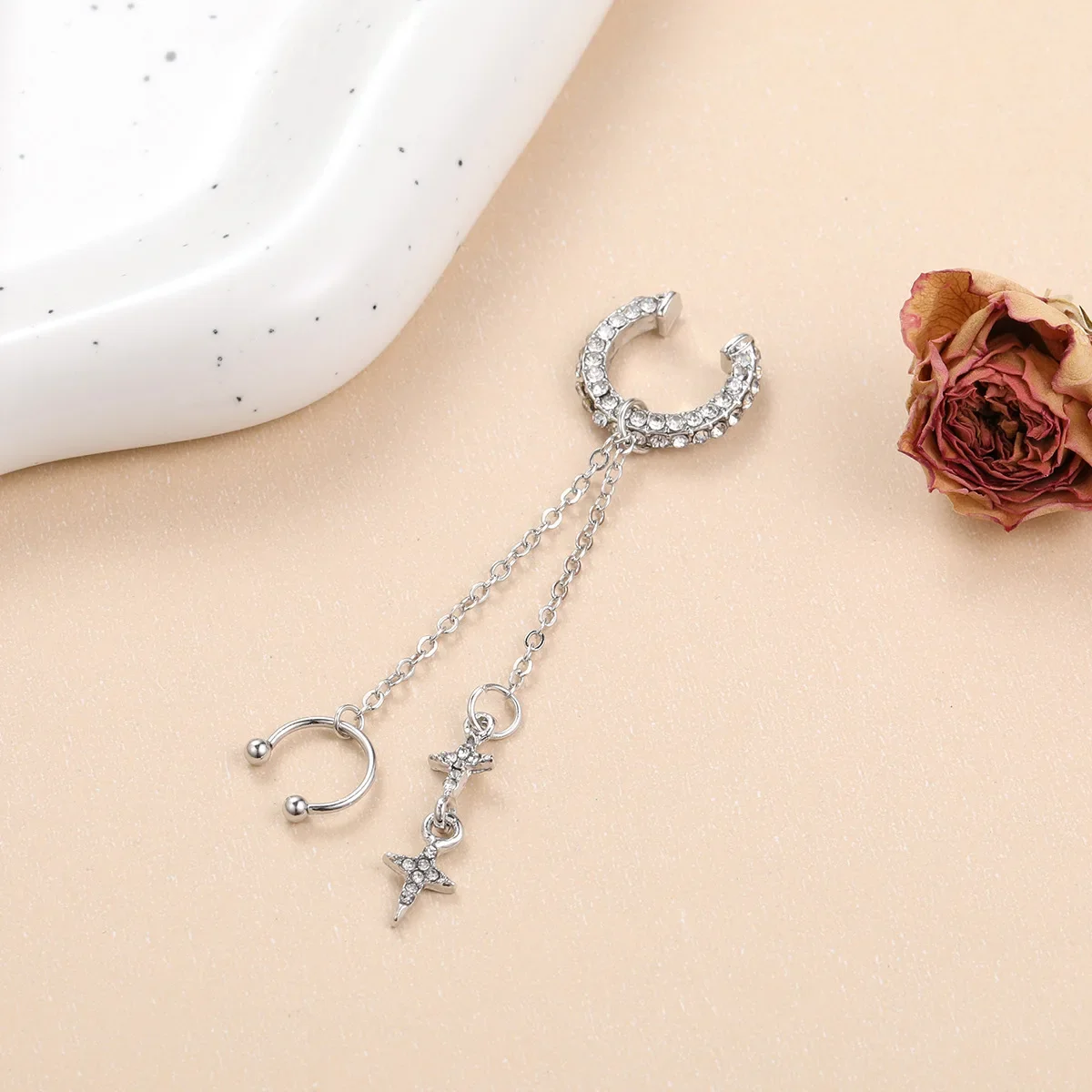 Ear Clip Earrings Silver Color Crystal Tassel Non-Piercing Cuff for Women Rhinestone Star