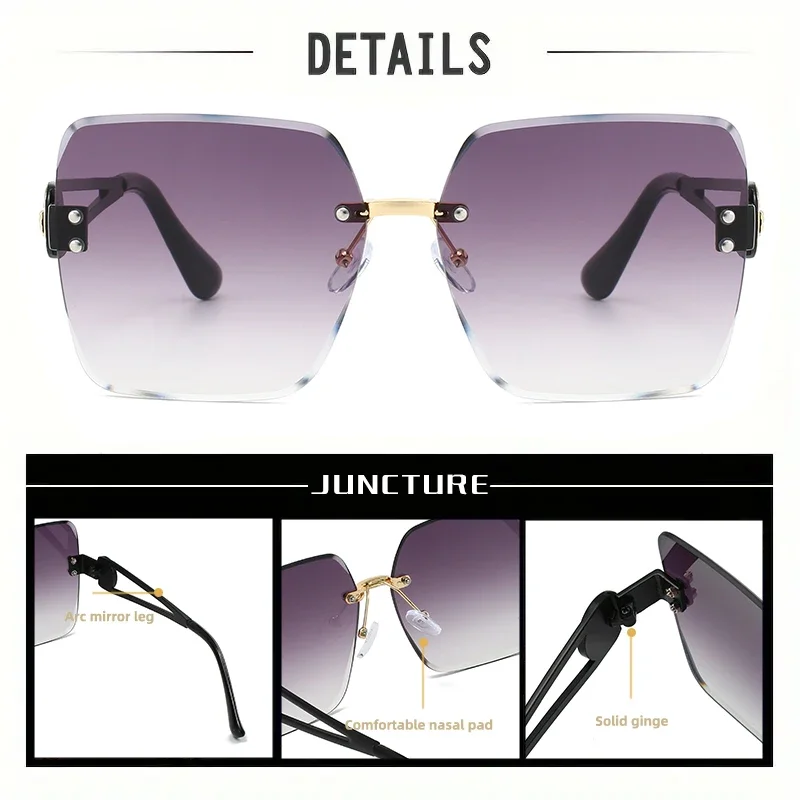 JUNCTURE Mode Frauen Sonnenbrille Luxus Marke Vintage Randlose Sonnenbrille Damen Gafas Blau Farbverlauf UV400 Party Urlaub Geschenke – Detail 2