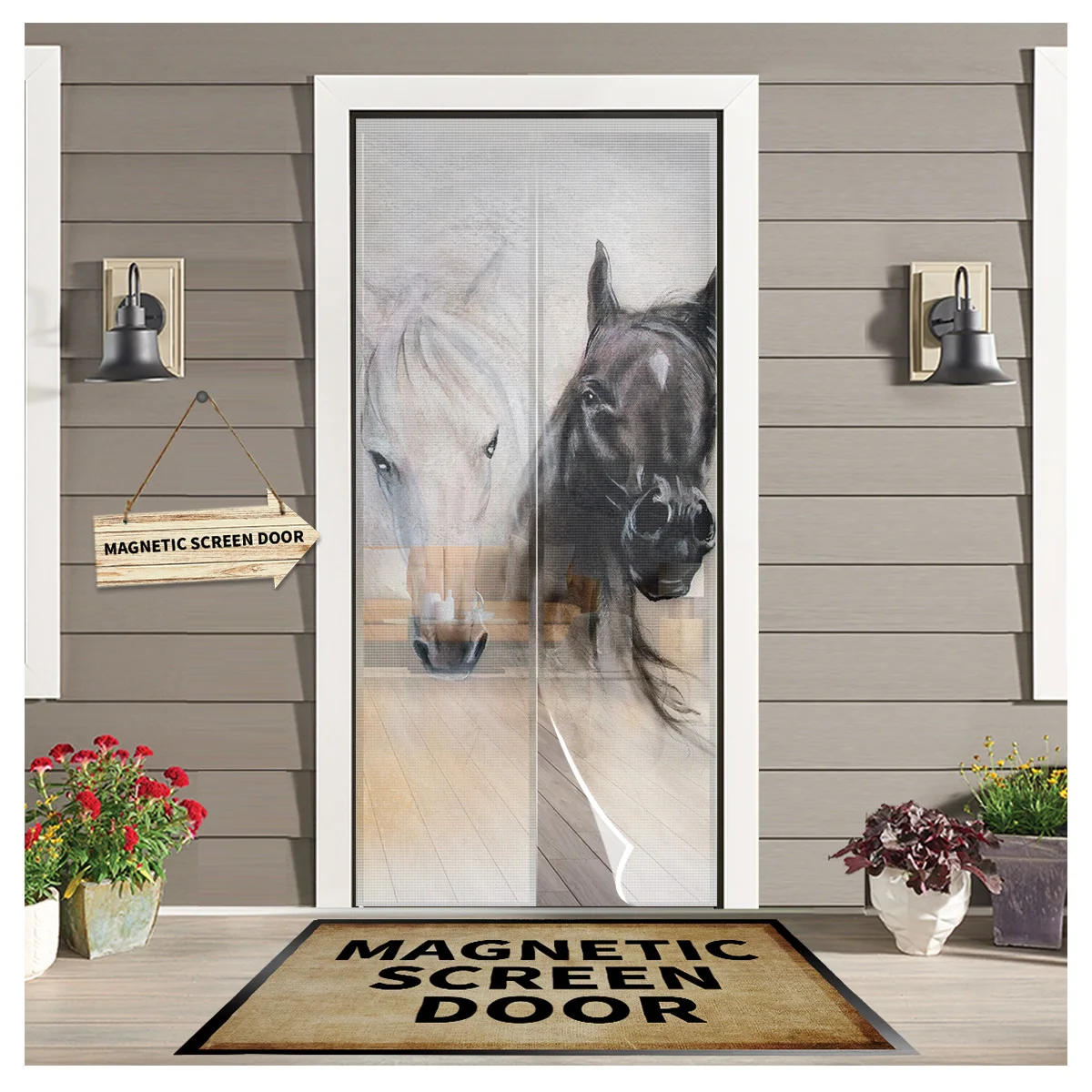 

Black White Horse Watercolor Painting Kitchen Door Curtain Mosquito-proof Window Screen Bedroom Magnetic Door Curtain