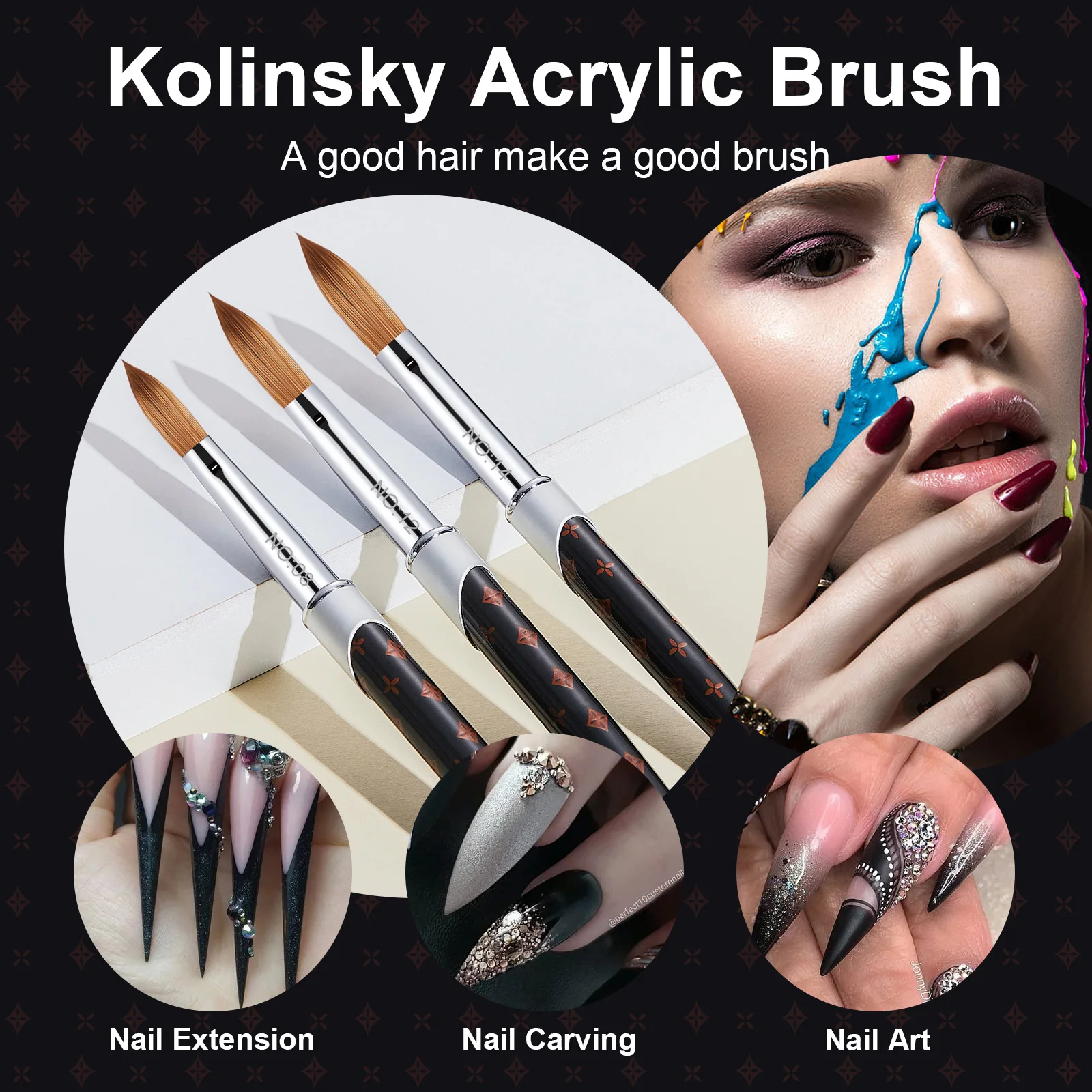 2PC Nail Acrylic Brush 100%Kolinsky Sable Acrylic Brush UV Gel Carving Pen Brush Liquid Powder DIY Nail Drawing Nail Art Brushes 2