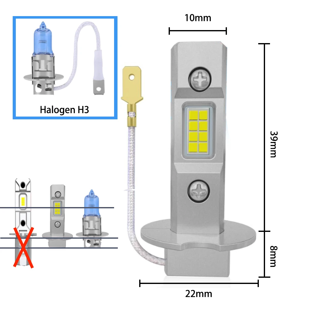 12-24V H3 LED Fog Light Bulbs 6500K, 300% Brighter CSP Chips, 1:1 Mini Size, Plug n Play, H3ll LED Bulb Light for Fog Lamp, DRL