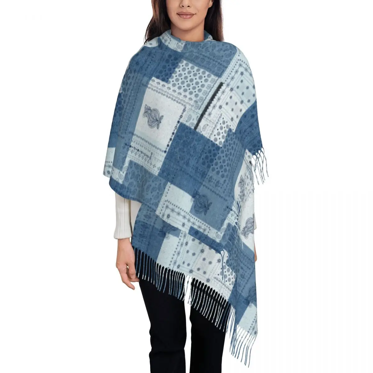 

Denim Patchwork Paisley Pattern Shawls Wraps for Women Winter Warm Long Soft Scarf Pashminas Shawl Scarves