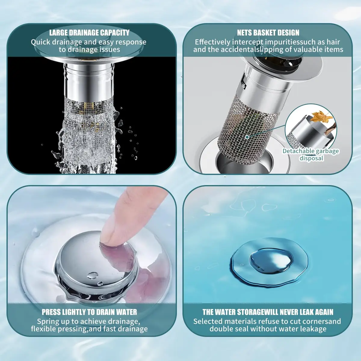 1/2PCS Universal Rebound Drain Plug Filter Metal Basin Pop-up Sink Filter with Hair Catcher Bathroom Sink Drain Stopper — view 4