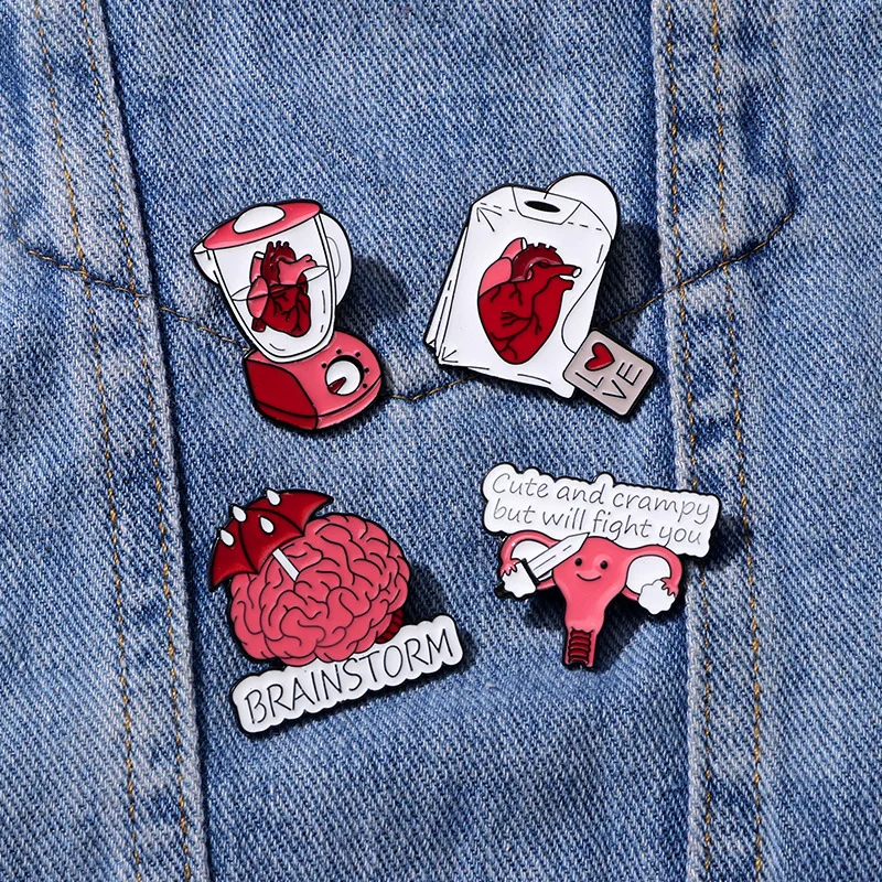 Pack 4 Broches Creativos - Diseños De Cerebro, Globo Ocular, Corazón, Órganos, Para Mochila, Chaqueta, Bolso