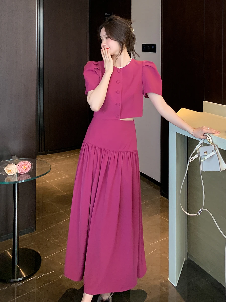 

Elegant Two Piece Sets Women Single-Breasted Puff Sleeve Cropped Top+High Waist A Line Midi Skirt Suit Summer Female Outfits