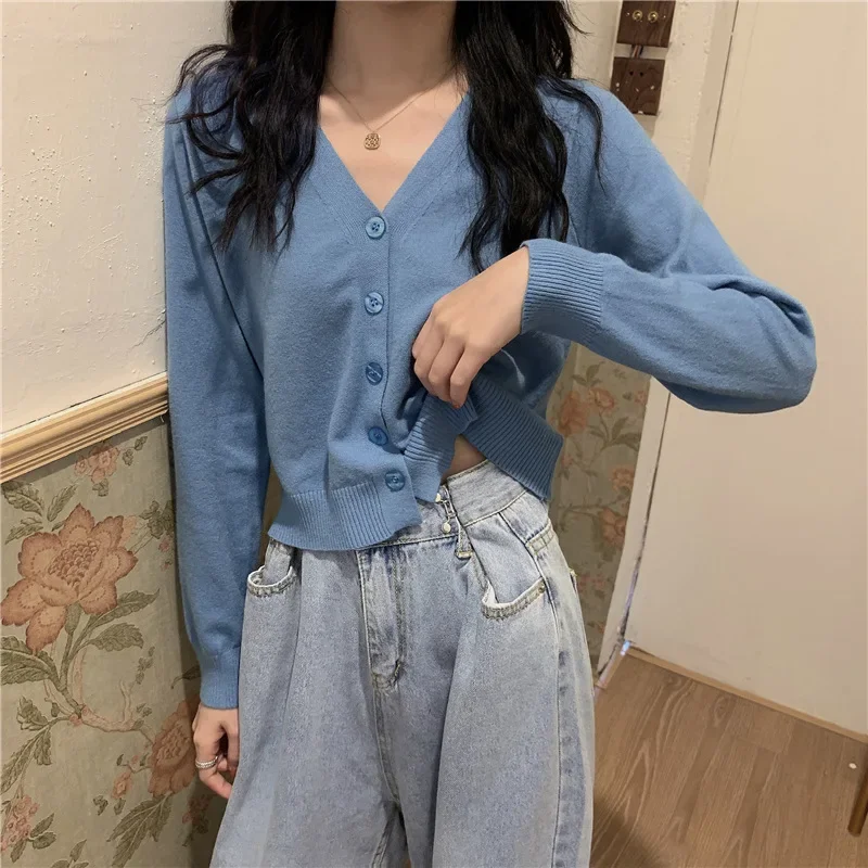 Official Picture New V-Collar Cardigan Outer Wear Short Top Autumn Thin Jacket Long-Sleeved Sweater Women's Fashion 4