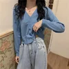Official Picture New V-Collar Cardigan Outer Wear Short Top Autumn Thin Jacket Long-Sleeved Sweater Women's Fashion 4