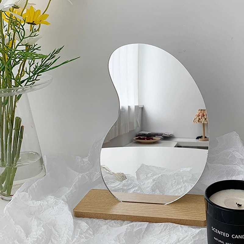 Miroir Maquillage Acrylique Irrégulier 2 Pièces - Formes Nuage & Coton Sur Socle Bois, Miroir Décoratif Sans Cadre Pour Chambre, Salon, Salle De Bain