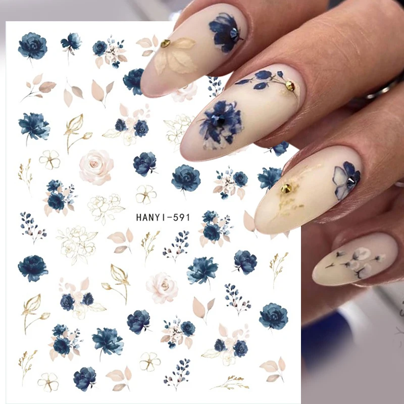 Nail Stickers Nail Art Decoration Nail Decals Flower Stickers 3D Purple Flower Green Leaf Floral Cherry Spring Water Decals Sliders Manicure Butterfly Tips Decor