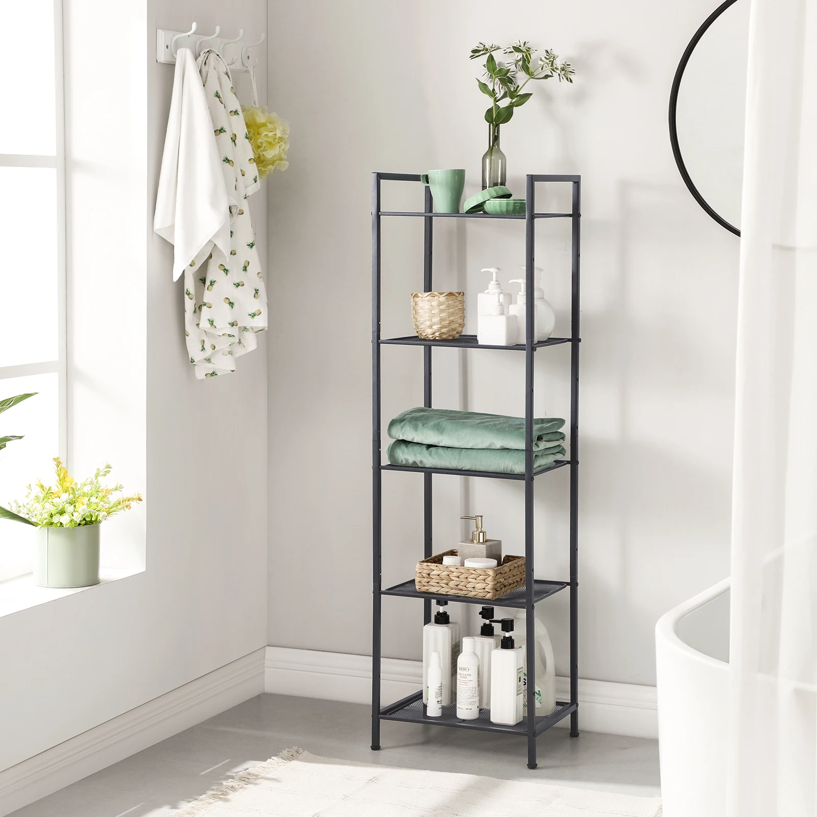 SONGMICS 5-Tier Storage Rack, Bathroom Shelf, Extendable Plant Stand with Adjustable Shelf, for Bathroom, Living Room, Balcony 3