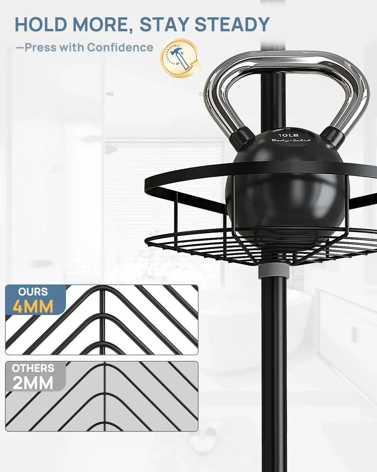 Corner Shower Caddy Tension Pole,Rustproof Bathroom Organizer Corner,Adjustable Shelf for Inside Shower
