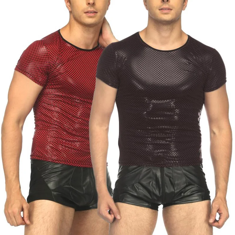 

Faux Leather Men Sexy Cosplay Uniform Night Tight Tops Shirt Men's Sexy Patent Leather Nightclub,Performance T-Shirt Erotic Male