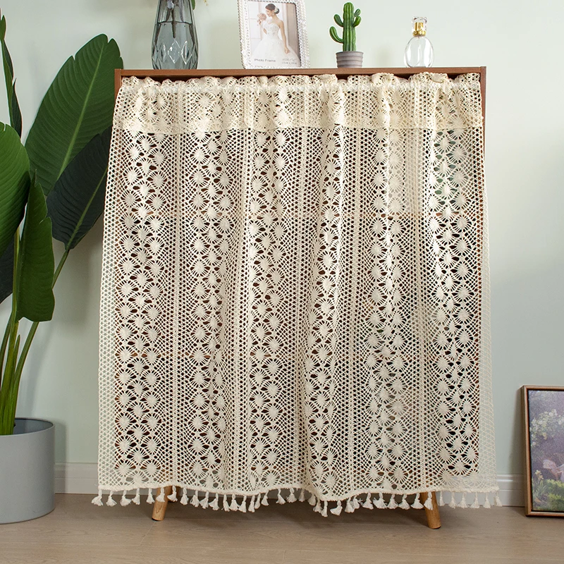 Crochet Lace with Tassel Half Curtain Short Curtain for Kitchen Window Cotton Cafe Small Valance Cabinet Cover Dust-proof Rustic