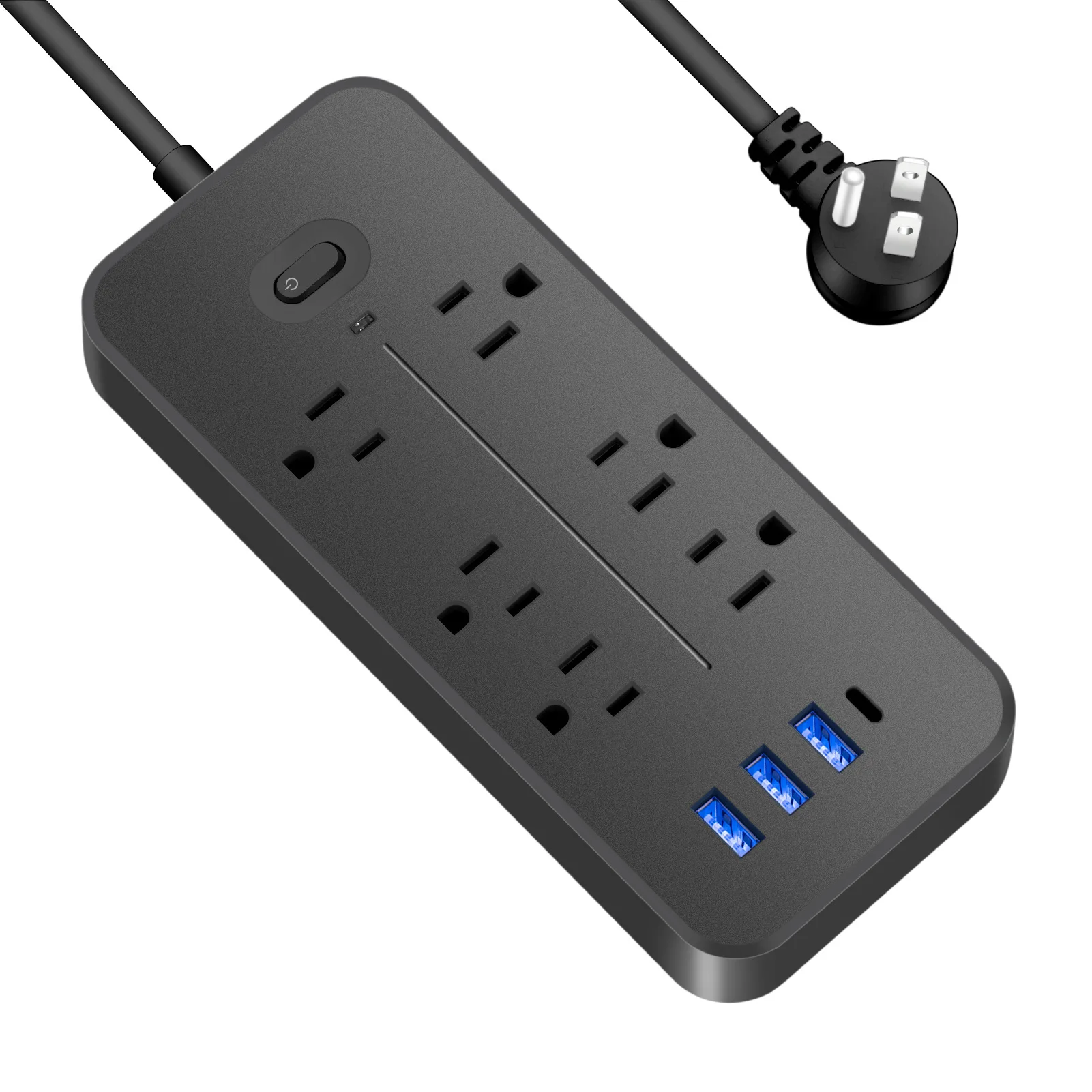 Description Picture 3 of itemUS Power Strip 6 AC Outlets 10A 110v 220v 3 USB Ports Sockets 1 TYPE-C Smart Patch Panel 2000w Black Power Surge Protection Plug