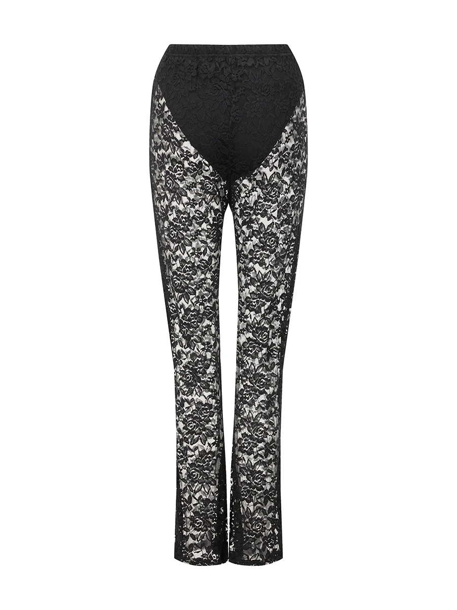 Women&rsquo;s Sheer Lace Pants Mid Waist Solid Color Flare Pants Bell-Bottoms Trousers Beachwear