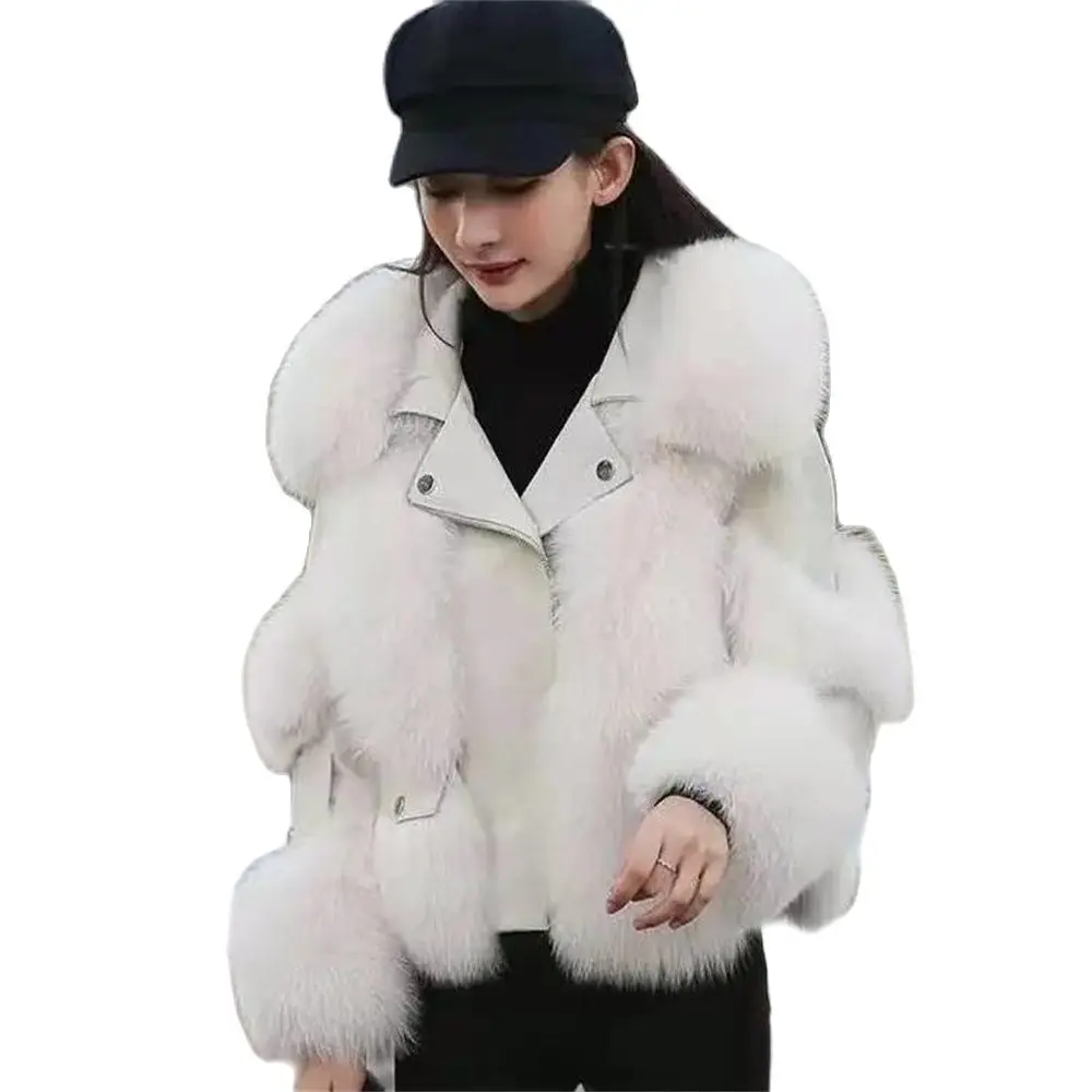 

Warm Short Imitation Fox Fur Coat Imitation Leather Full Fox Fur Motorcycle Jacket Luxury Women'S 2024 Winter New Outerwear Tops