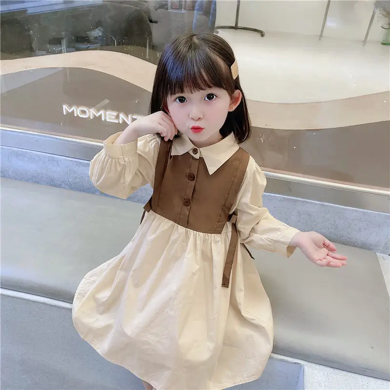 

Korean Kids Girls Dress Solid Long Sleeve Single Breasted Black Vest Patchwork Shirts Dress Spring And Autumn Children Outfits