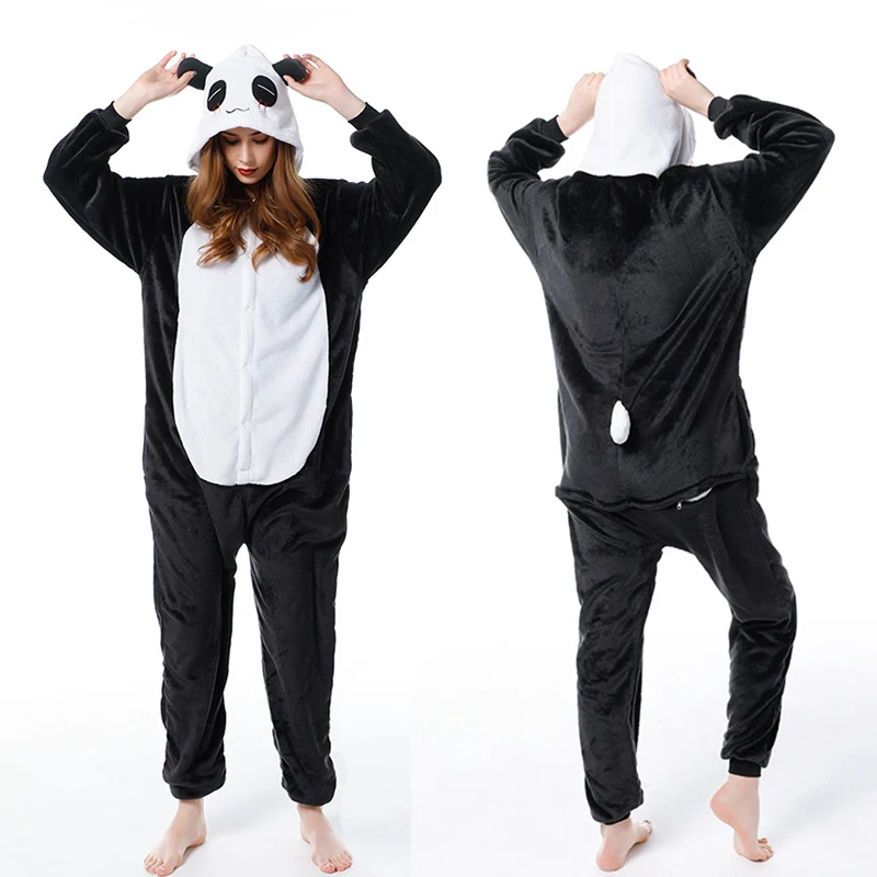 Cute Cartoon Panda Pajamas Winter Kigurumi Onesies Hooded Adults Women Animal Unicorn Nightie Fleece Sleepwear Overalls Jumpsuit