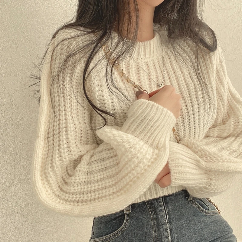 New Women's Autumn and Winter Long Sleeve Sweater Fashion Short Knitwear Crew Neck Lantern Sleeve Top