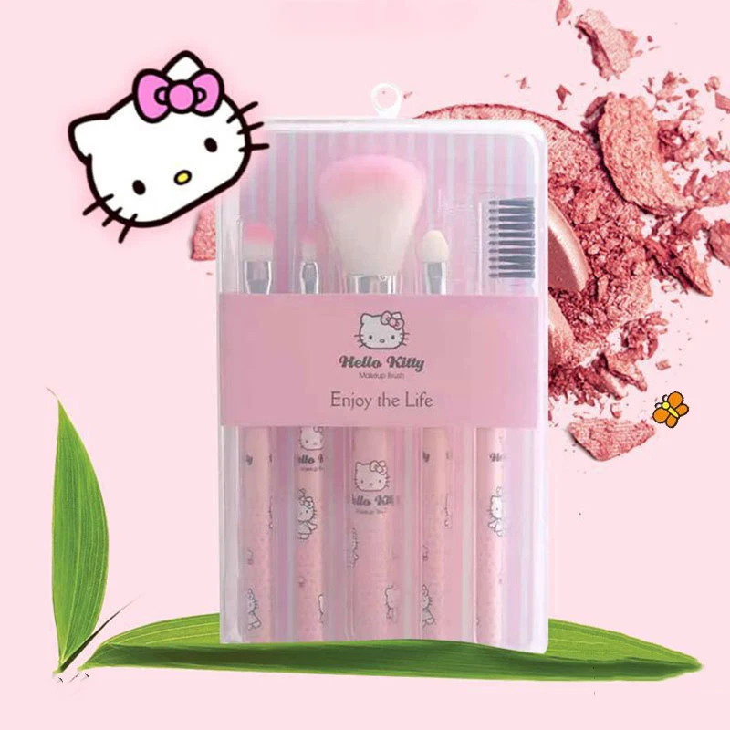 5PCS Kawaii Sanrio Hello Kitty Makeup Brush Set Cute Cartoon Foundation