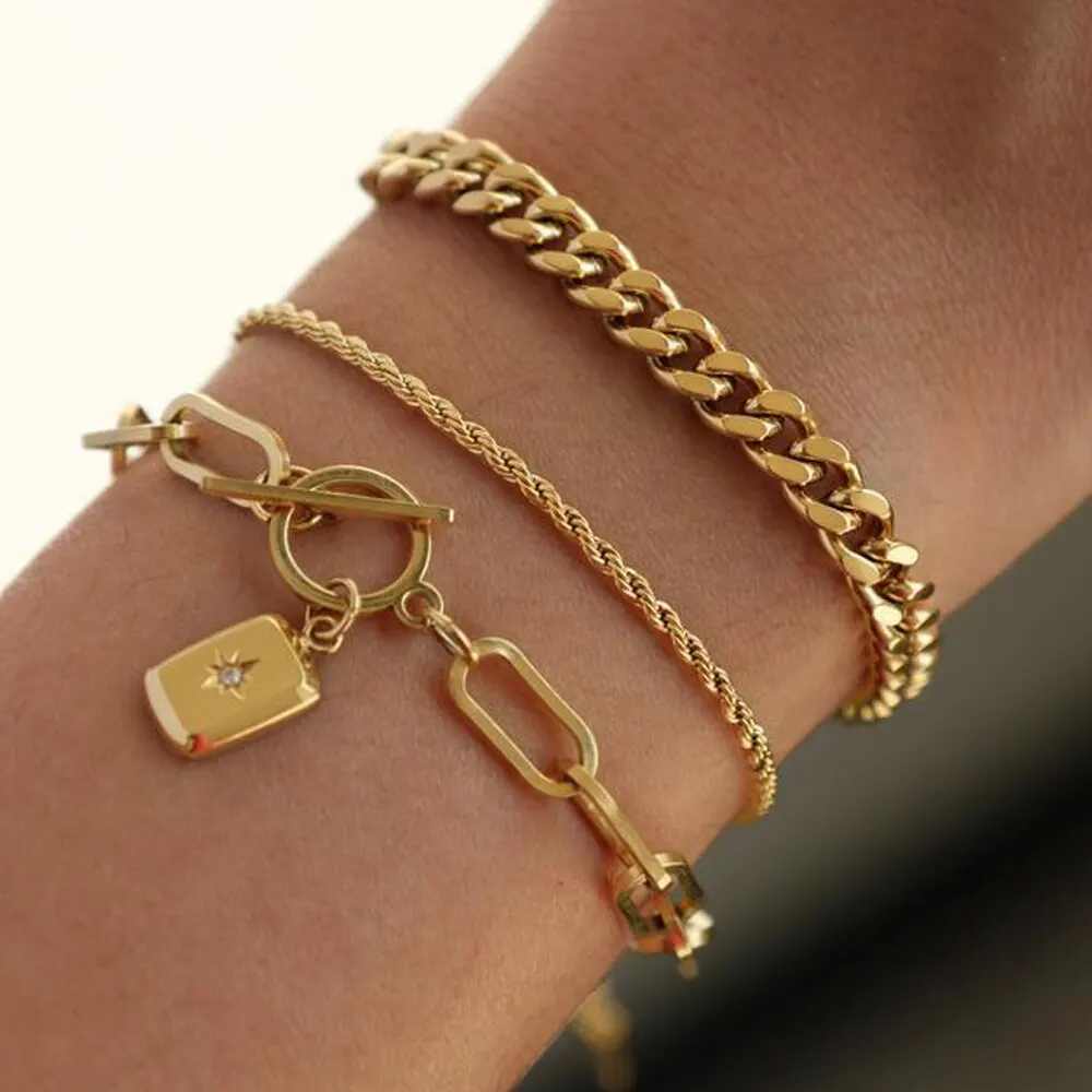 3Pcs Metal Bracelet European And American Style Thick Chain Personality Twist Ot Buckle Tag