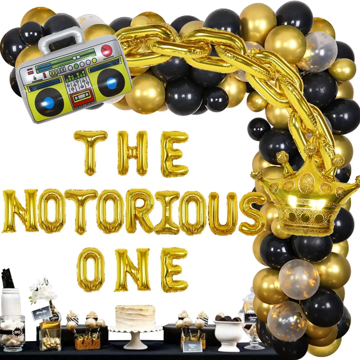 

Cheereveal The Notorious One 1st Birthday Party Decorations Hip Hop Retro Radio Balloons Garland Kit Gold Foil Chain Balloons
