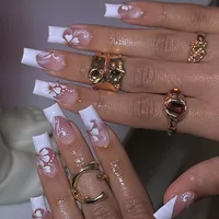 Mid-length Coffin Fake Nails 24Pcs White French Tip Ballerina Press On Nail Pink/White Flower Printed Spring/Summer DIY Manicure 4