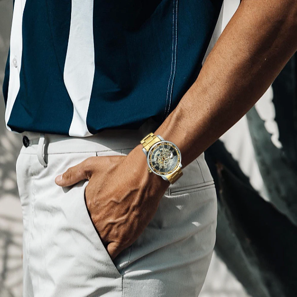 Mechanical Watch WINNER Transparent Skeleton Watch for Men Mechanical Wristwatches Diamond Watches Mens Luxury Stainless Steel Strap Unisex Clock