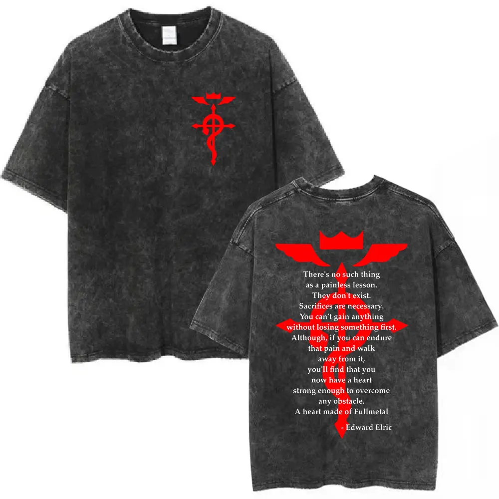 Anime Fullmetal Alchemist Washed T-Shirt Edward Elric Grafik-T-Shirts Mode Vintage Lässige Kurzarm-T-Shirts Streetwear