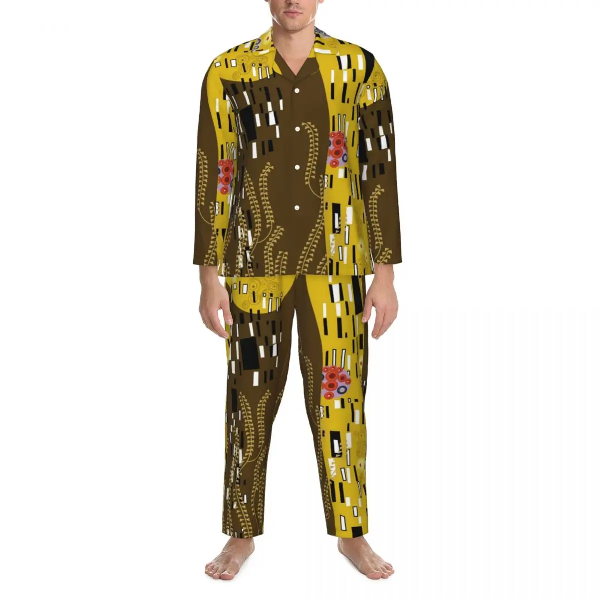 

Pajamas Male Gustav Klimt Inspired Night Nightwear Nouveau The Kiss Casual Pajama Sets Long Sleeves Soft Oversized Home Suit