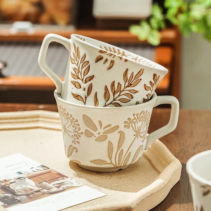 

330ml artistic ceramic cup niche design, plain, pastoral, hand-painted breakfast, frosted, rough pottery, pure handmade mug