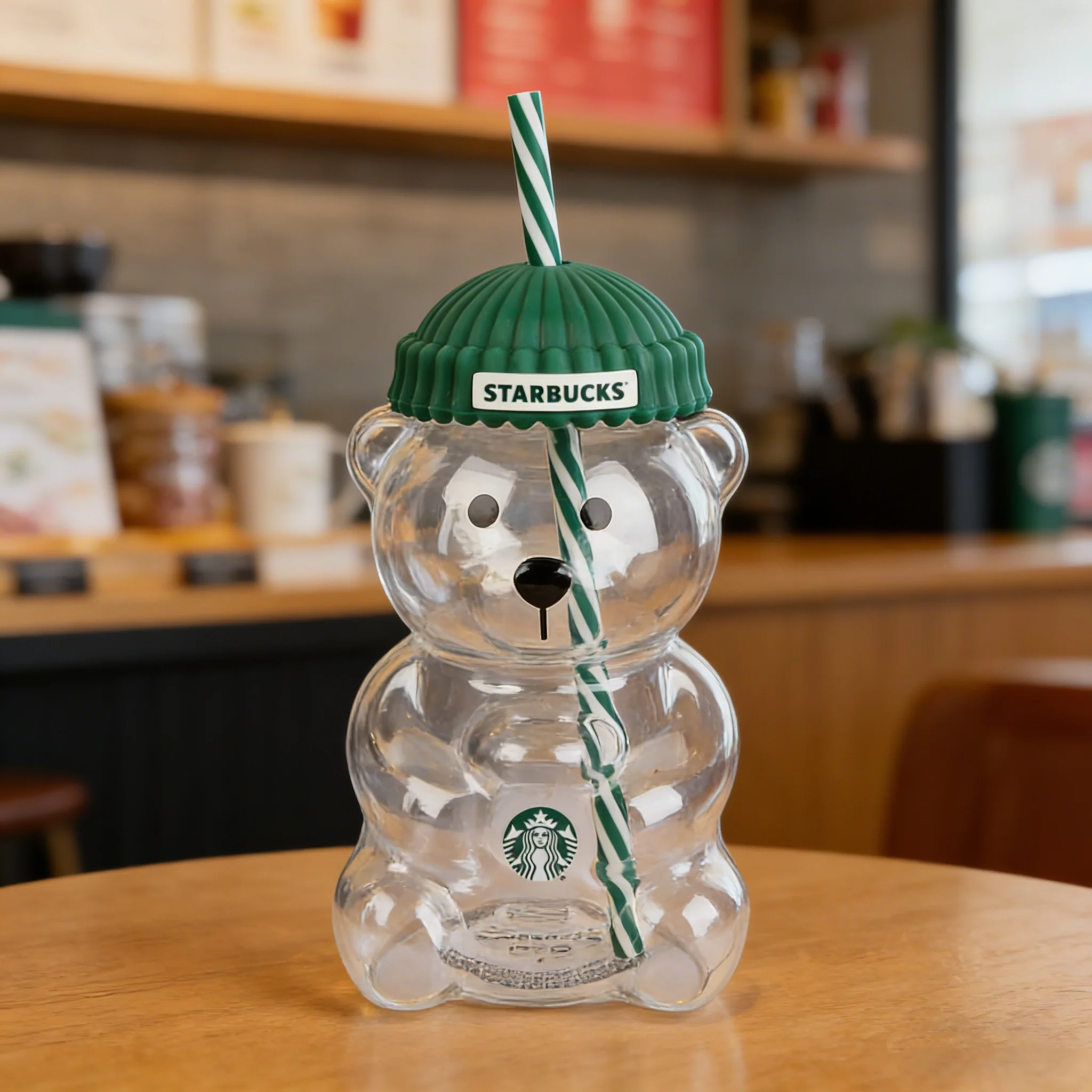 Cozy Home Café Bearista Bear Glass Tumbler with Green Lid & Straw, 591ml