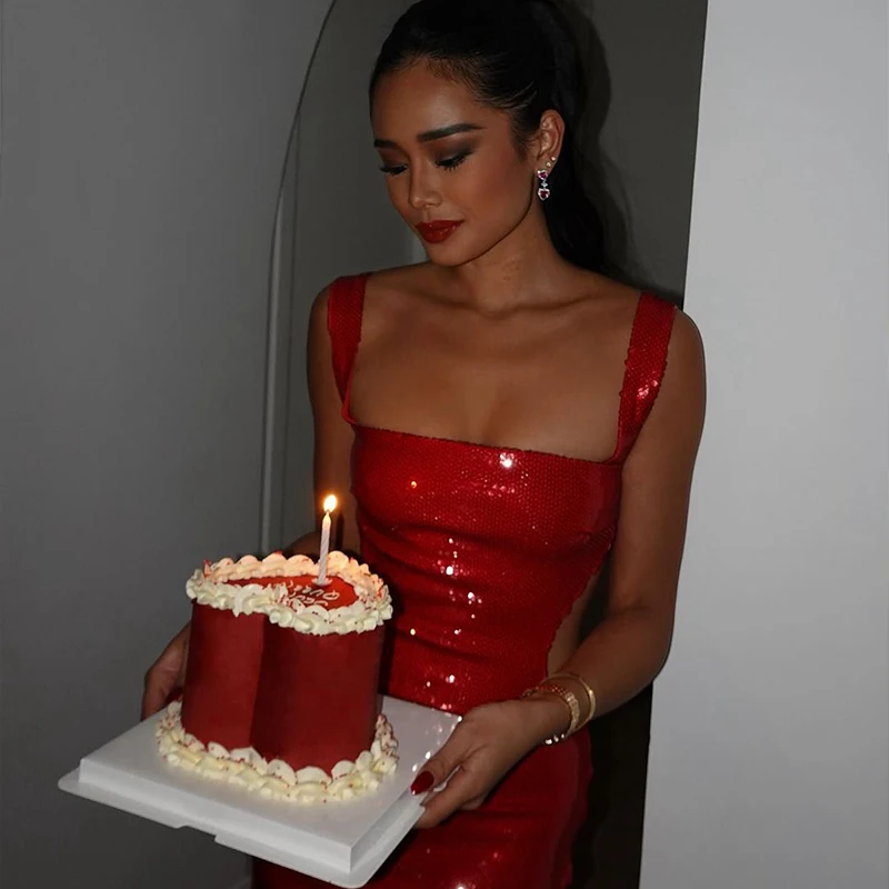 Sexy Square Neck Sling Long Dress Women Shinny Backless Hollow Out Sleeveless Slim Maxi Dresses New Lady Party Club Gowns ﻿