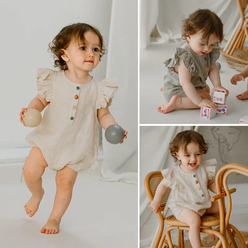 

Newborn Romper Baby Girls Infant Flying Sleeve Bodysuit Linen Cotton Cute Toddler Baby Girl One-piece Romper Jumpsuit Outfits