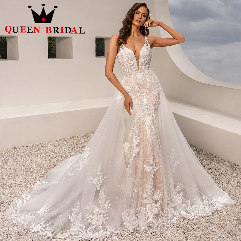 

Mermaid Appliques Lace Wedding Dresses 2024 Detachable Train V Neck Beading Sexy Bridal Gowns Robe De Mariée Custom Y30X